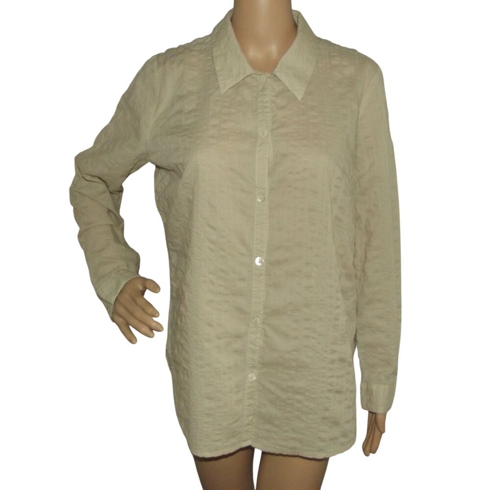 Studio Works Shirt Womens Medium Beige Seersucker long sleeve button lightweight
